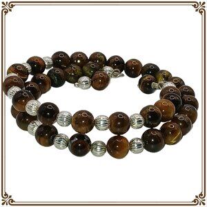 Memory Wire Bracelet with Genuine Tiger Eye Beads and Silver Plate Beads